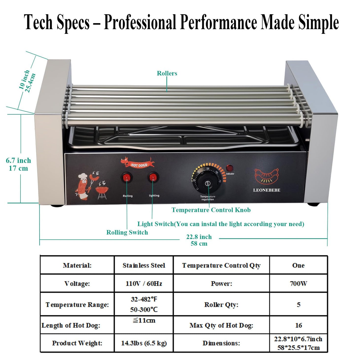 LEONEBEBE 16 Capacity Commercial Hot Dog Roller Machine with 5 Stainless Steel Rollers – 750W for Concession Stands, Food Trucks, Party Catering