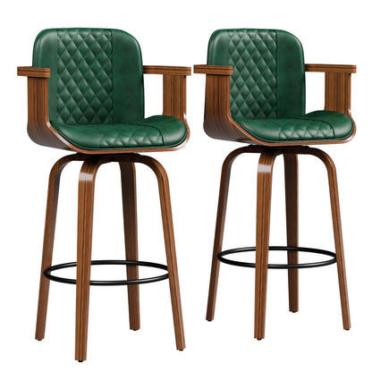 OUTGUAVA Swivel Bar Stools Set of 2, 29" Swivel Counter Height Bar Stools with Arms and High Back, Upholstered Faux Leather Barstools, Modern Bar Chairs for Kitchen Island, Green