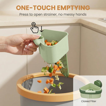 2 Pack Suction Cup Corner Sink Strainer, Press 2026 Upgraded Automatic Dumping Food Waste Catcher for Sink, Triangle Kitchen Sink Strainer Basket, Faucet Sponge Storage Rack (Green + Yellow)