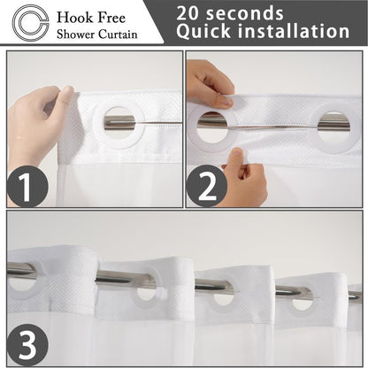 SSCRCUSLY No Hook Shower Curtain with Snap in Fabric Liner Set, White Chevron Hotel Style Bathroom Curtain, Washable and Water Repellent, 71x74 Inches