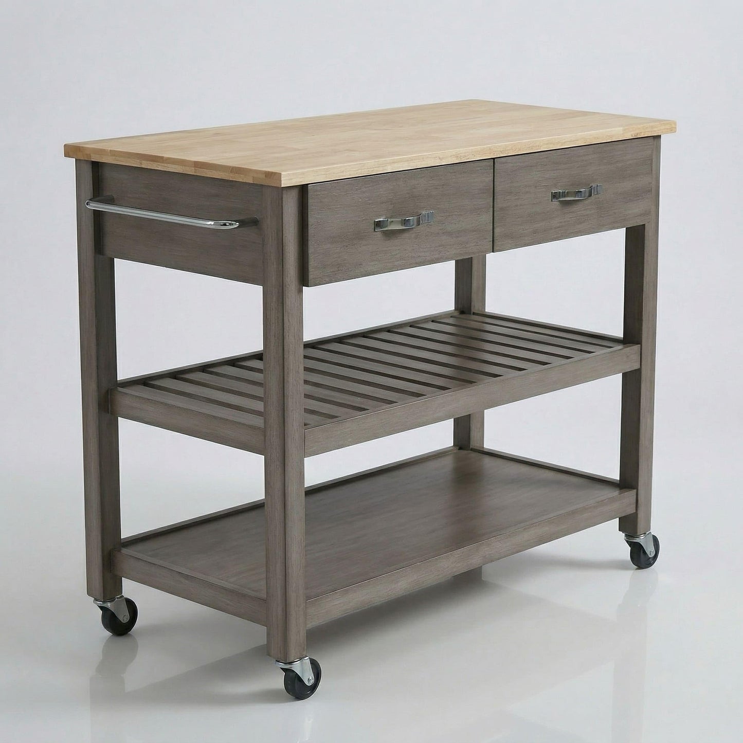 Casaphoria Amanda Collection Solid Wood Kitchen Island, 42" Butcher Block Cart with Rubberwood Top & Locable Wheels, Prep Table for Small Spaces (Weathered Gray)