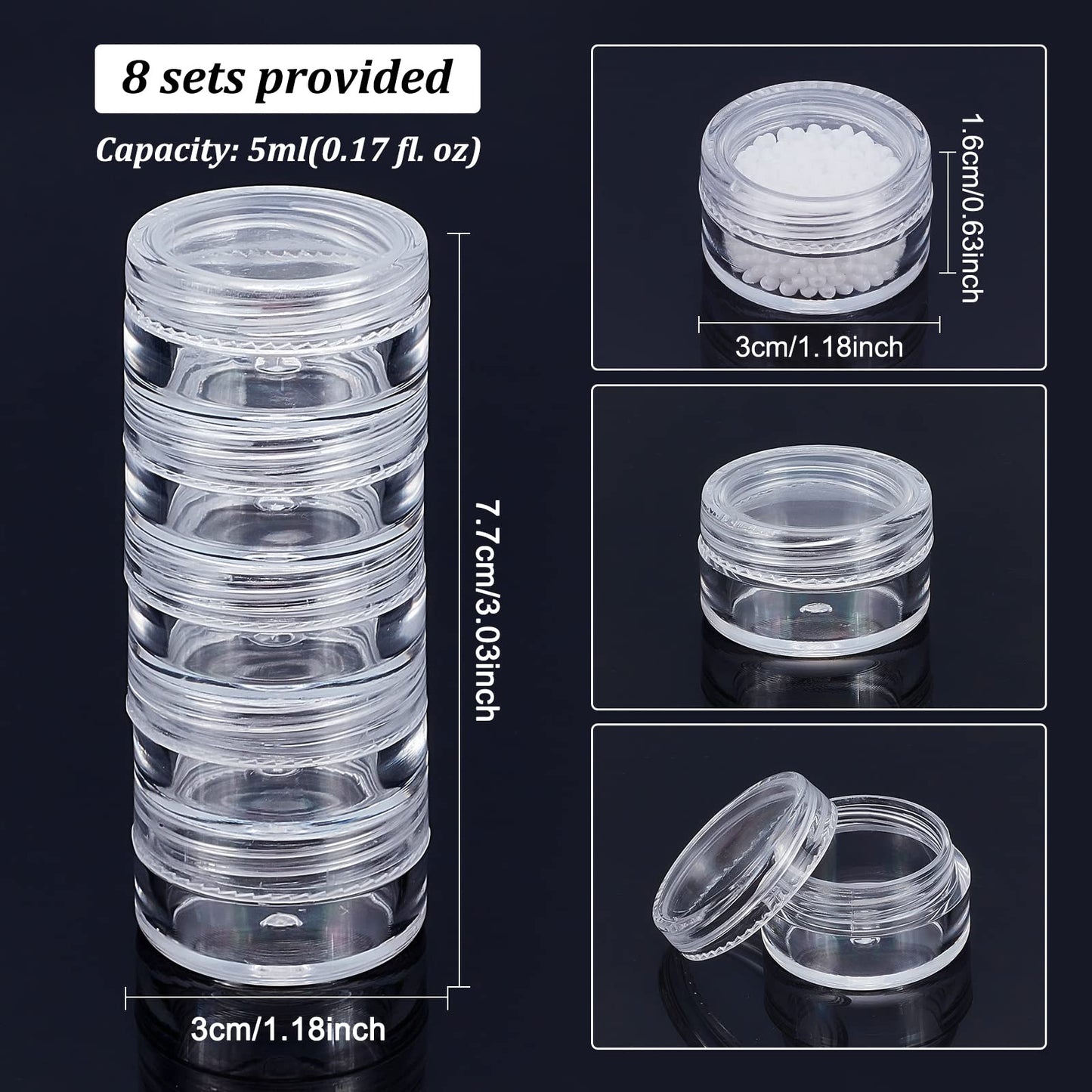 BENECREAT 5G/5ML Stackable Round Plastic Containers 8 Column(5 Layer/Column) Bead Storage Jars for Seed Beads, Diamond Drills and Other Jewelry Components
