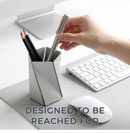 WHITE DESIGN Twisted Faceted Aluminum Pen Holder - Modern Minimalist Origami Pencil Cup & Desk Organizer, Office Decor Gift for Professionals & Executives