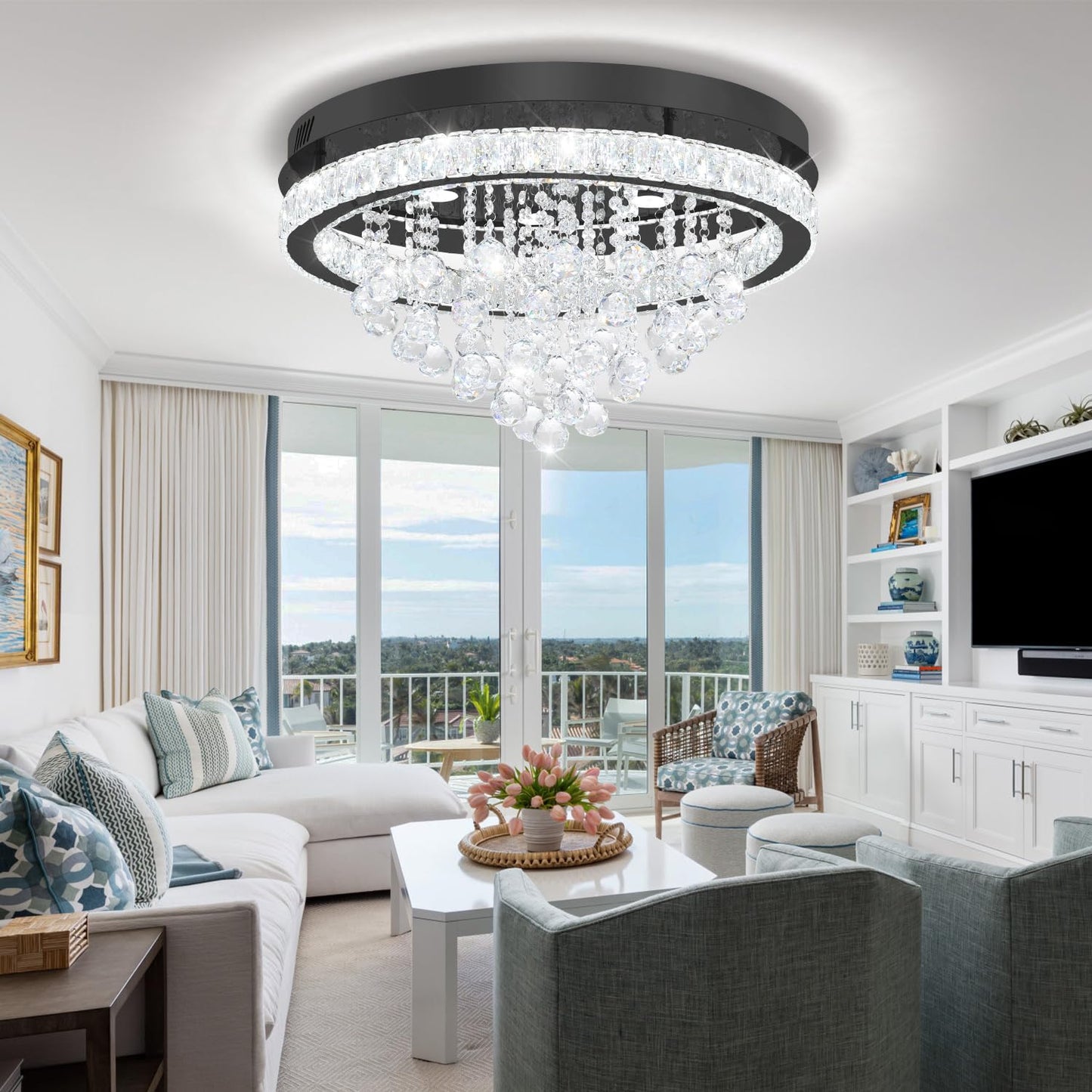 Shial Lighting Dia 24" Modern Crystal Chandeliers for Dining Room,Black Raindrop Chandelier Flush Mount Chandeliers for Living Room Bedrooms Dining Room Dimmable 2700k 4500k 6000k