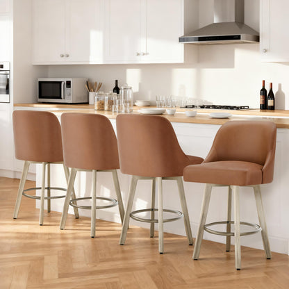 Counter Height Bar Stools Set of 2, Modern Swivel Barstools with Back and Wood Legs, Faux Leather Upholstered Bar Chairs, 26" Seat Height Counter Stools for Kitchen Island,Brown