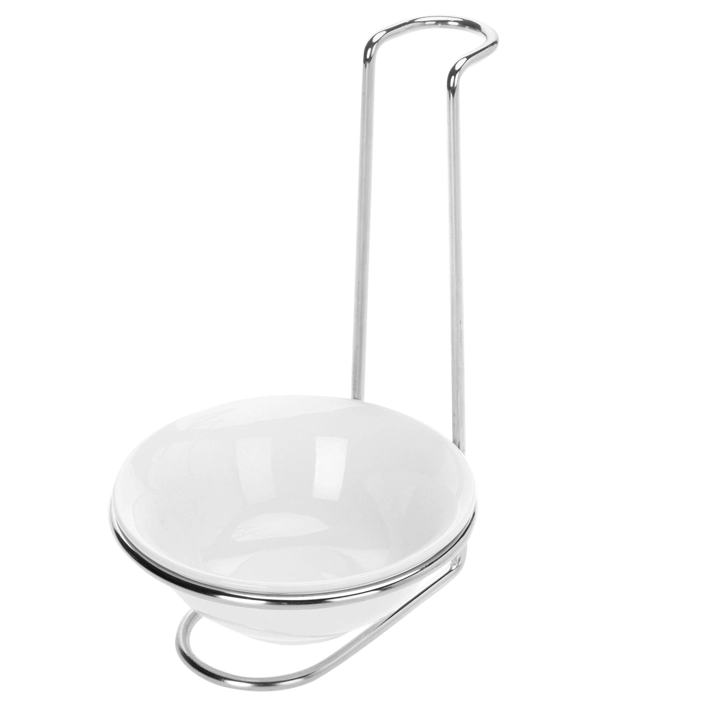 MyGift White Ceramic Ladle Holder Spoon Rest, Upright Single Cooking Utensil Holder, Vertical Drip Catcher Dish with Stainless Steel Stand for Kitchen Counter