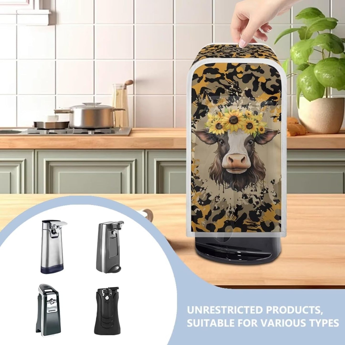 Foldable Electric Can Opener Cover, Sunflower Brown Cow, Dust Covers for Home Decor, Electric Kitchen Appliance