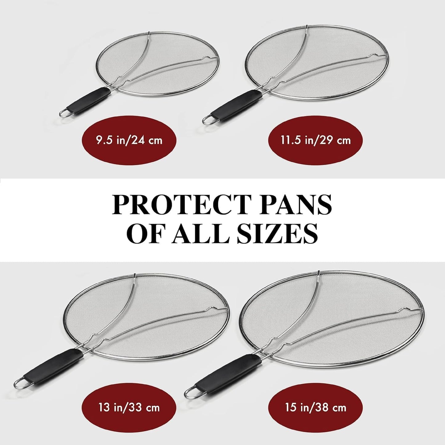 Stainless Steel Grease Splatter Guard, Fine Mesh Cover, Grease & Oil, Splatter Screen for Frying Pan, Cooking Pots, with Comfort Grip Handles (9.5/11.5/13 inches)