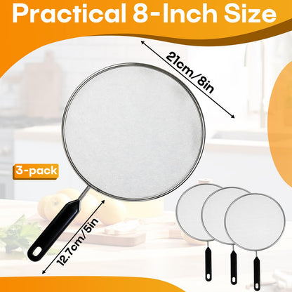 8 Inch Splatter Screen for Frying Pan, Stainless Steel Grease Splatter Guard with Fine Mesh and Heat-Resistant Handle, Kitchen Oil Splash Guard for Cooking and Frying