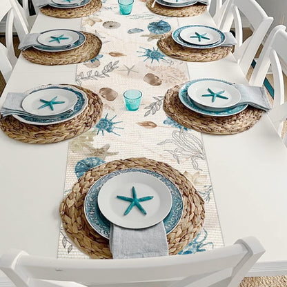 13x90 Inch PROCIDA Blue Beach Table Runner Tropical Ocean Coastal Table Runners Seashell Burlap Seasonal Nautical