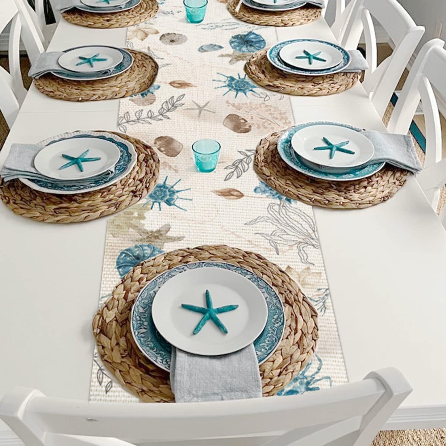 13x36 Inch PROCIDA Blue Beach Table Runner Tropical Ocean Coastal Table Runners Seashell Burlap Seasonal Nautical