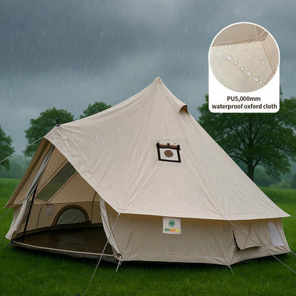 Bell Yurt Tent, Waterproof Luxury 4 Season Hot Tent with Stove Jack/Air Conditioner Vents/2 Skylight for Family Outdoor Camping Oxford Glamping Tents for All Year Living (Beige Oxford 5M Yurt)