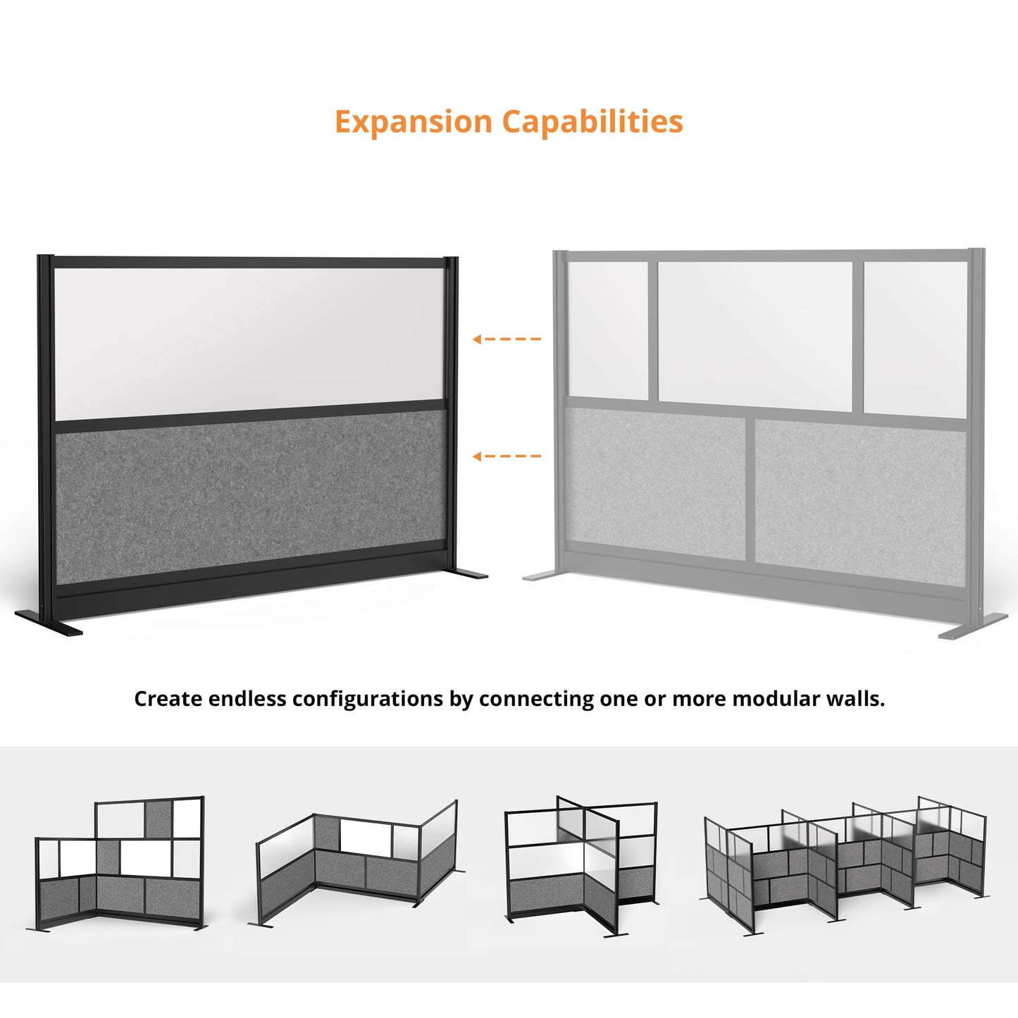 Stand Up Desk Store Expanse Modular Wall | 70'' x 48'' Wall | Expandable Partition Room Divider with Rearrangeable Frosted Acrylic & Sound Absorbent Wide Panels (Black Frame)