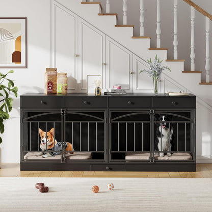 GAOMON Dog Crate Furniture for 2 Dogs, 78.7'' Large Dog Kennel Indoor with 4 Storage Drawers and Feeding Bowls, Double Dog Crate TV Stand for Small and Medium Dogs, Black
