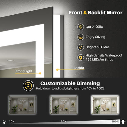Briivue 60x40 Inch LED Bathroom Mirror with Lights, Backlit & Front Lit, Anti-Fog Lighted Bathroom Vanity Mirror for Wall, Memory Function, Dimmable, HD Tempered Glass, Shatter-Proof