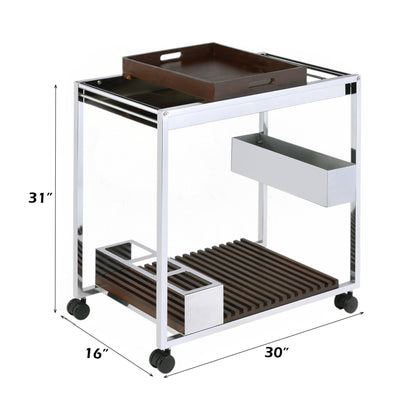 roomfitters Lisses Chrome and Walnut Serving Cart, Contemporary Luxury electroplated Electroplated Bar Trolley with Removable Serving Tray and Stemware Shelf