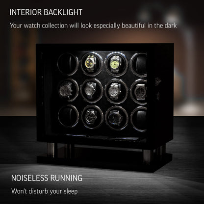 12 Watch Winder for Automatic Watches with LED Light and LCD Touchscreen Control (Burlwood + Beige)