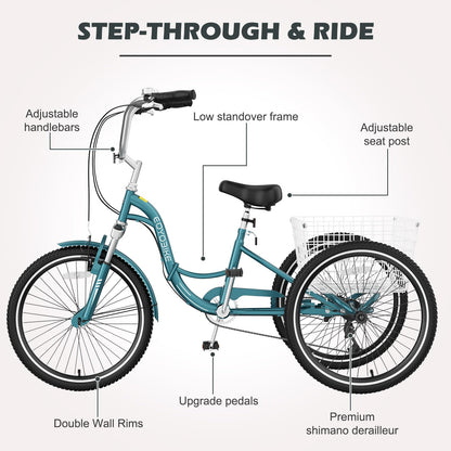H&ZT Adult Tricycle, 3 Wheeled Bike, Trike Cruiser Bike, with 7-Speed Gear, Parking Brake Handle, Low Step, Large Rear Basket, Elderly Friendly, for Men, Women, and Teens