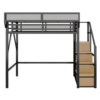 DNYN Full Size Loft Bed with Storage Shelves & Wardrobe & Staircase Design for Kids/Adults Bedroom,Sturdy Metal High Bedframe w/Safety Guardrails,Super Save Space & No Box Spring Needed, Black