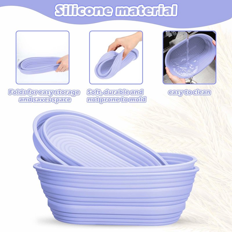 Nuogo 9 Pack Oval Bread Proofing Basket Silicone 10 Inch Collapsible Sourdough Bread Baking Supplies Dough Proofing Bowl with Dough Scraper and Basket Covers (Purple)