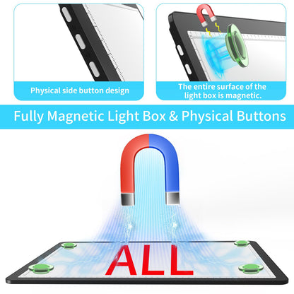 Phylosal Rechargeable A3 Light Pad with Built-in Stand & Bag, Magnetic Tracing Light Box for Drawing, Diamond Art Light Board with Side Button, Super Bright Light Table for Diamond Painting Black