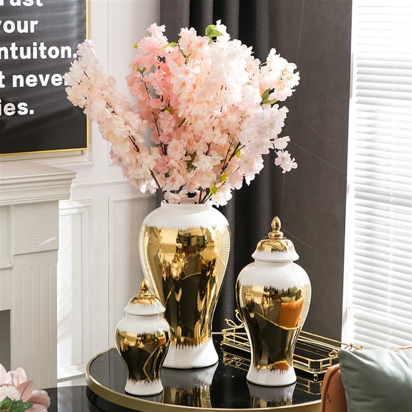 ZJYSMH decorative jars,ginger jar, Handcrafted Ginger Jar Ceramic White and Gold Vase Temple Jar for Weddings Office Party Living Room Home (Size : L)