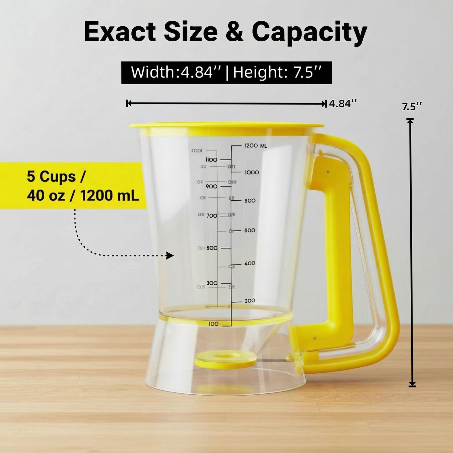 Lavius Pancake Batter Dispenser 5-Cup Batter Pourer for Maker Pancakes, Waffles, Crepes, Muffins, Cupcakes, Easy Squeeze Grip Handle with Proof Nozzle, Precise Baking Tools（Yellow）