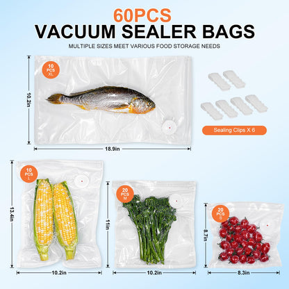 60PCS Vacuum Sealing Bags, Reusable Vacuum Sealer Bags for Food, BPA-Free Vacuum Zipper Bags, Sous Vide Bags for Food Storage (S, M, L, XL)