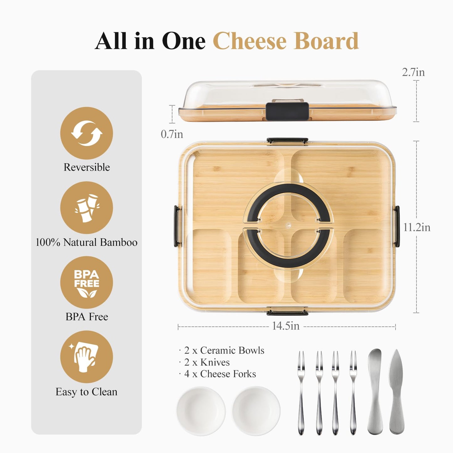 Charcuterie Board with Lid and Handle, Portable Travel Design Bamboo Cheese Board with Knife Set, Meat Fruit Serving Tray Platter, House Warming Gifts New Home, Gifts for Women, 6 Compartments