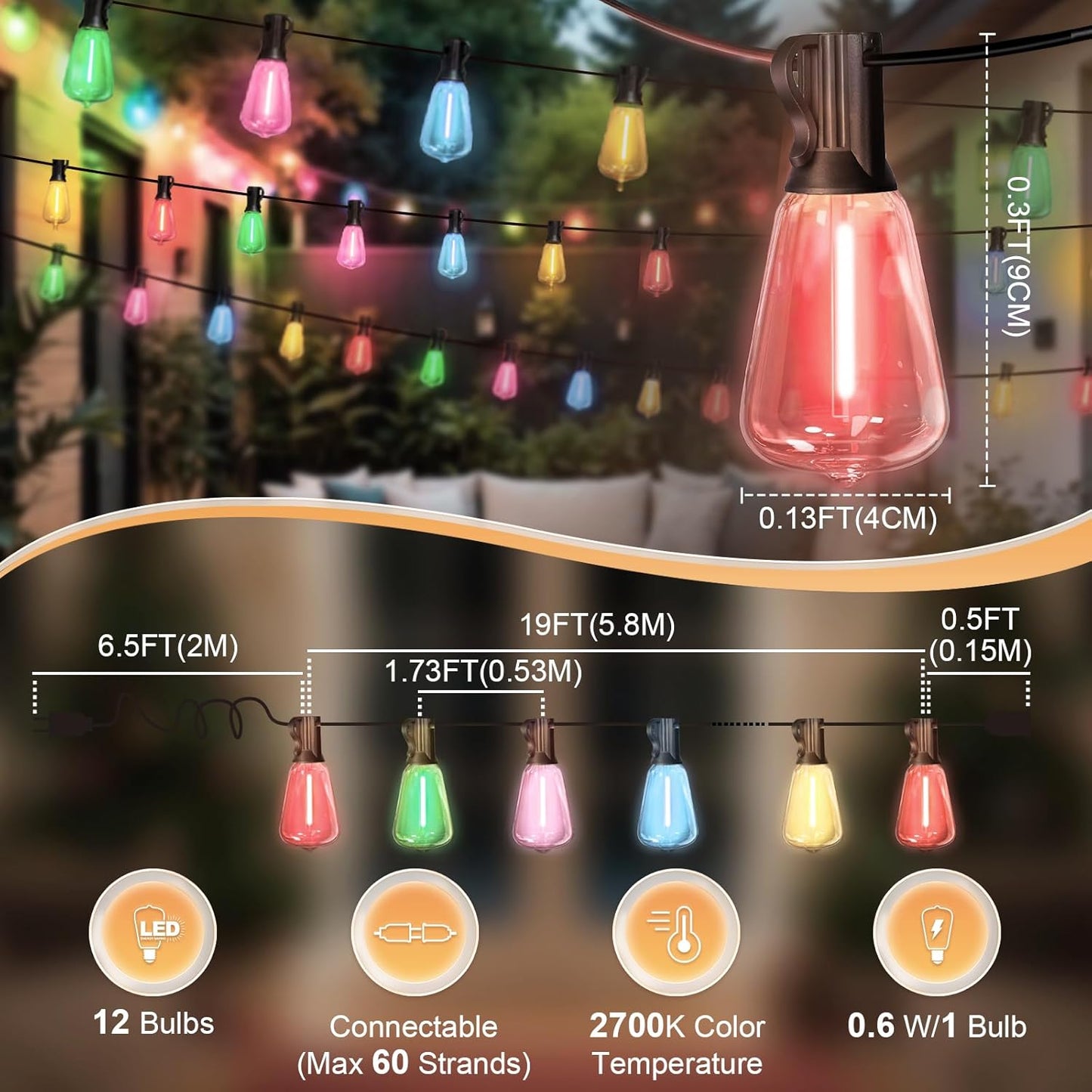 26FT ST38 12+1 Bulbs, Dimmable LAMPHOME Outdoor String Lights, LED Edison Patio Lights with Multicolor Connectable