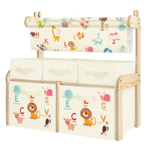 Kids Bookshelf Toy Storage Organizer Wooden Book Shelf with 1 Sling Bookcase and 5 Toy Bins,Toy Box for Boys Girls,3-Tier Nursery Book Shelves for Kids Rooms Bedroom,Playroom,Classroom,Animals