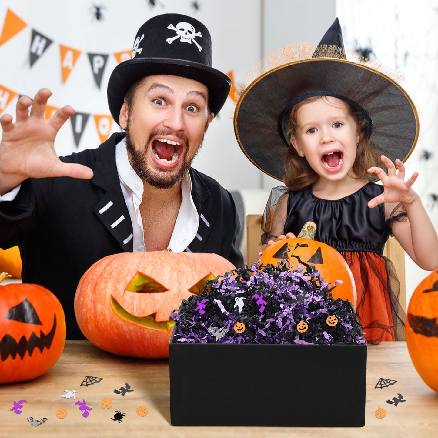 Jansun 1LB/16oz Halloween Crinkle Cut Paper, Black Purple Shred Filler Grass with Pumpkin Spider Bat Witch Ghost Confetti for Halloween Bakset Gift Box Bag Wrapping Basket Filling Party Decorations