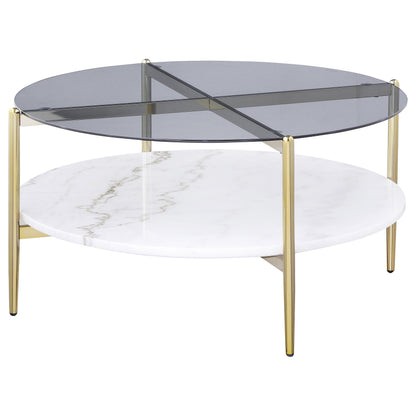 Coaster Home Furnishings - Jonelle - Round Coffee Table with Glass Top, White Marble Shelf and Gold Chrome Frame - Living Room - 33-Inch - Smoke - 710338