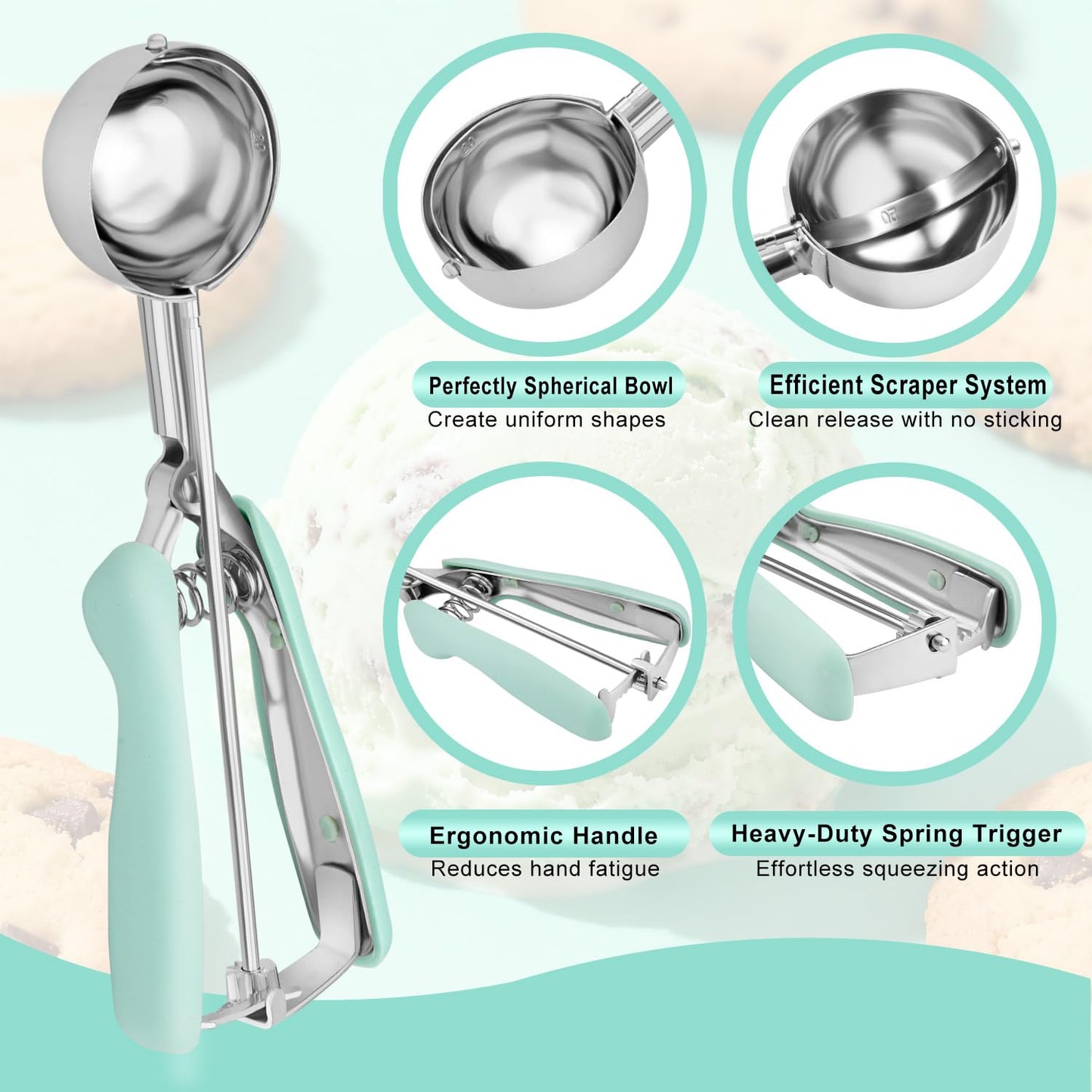 Cookie Scoops for Baking Set of 2, 18/8 Stainless Steel Ice Cream Scoop Set with Ergonomic Soft Grip, Spring Trigger Release Cookie Dough Scooper for Cupcakes, Muffins, Meatballs - Pink & Mint Green