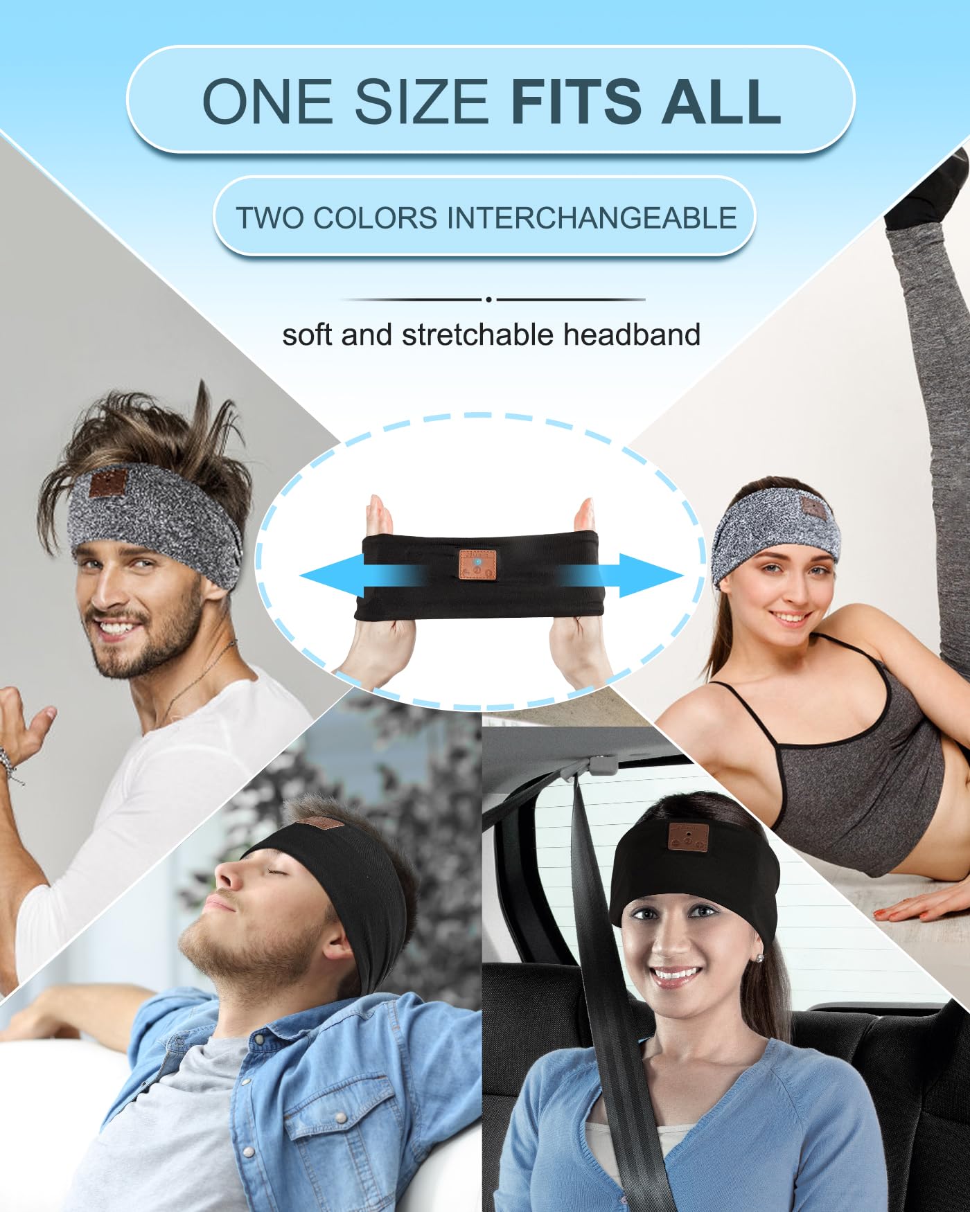 Mixiba 2-Pack Sleeping Headphones, Headband Headphones with Ultra-Thin HD Stereo Speaker, Bluetooth Headband for Sports, Workouts, Insomnia, Yoga, Air Travel, Meditation - Black&Grey
