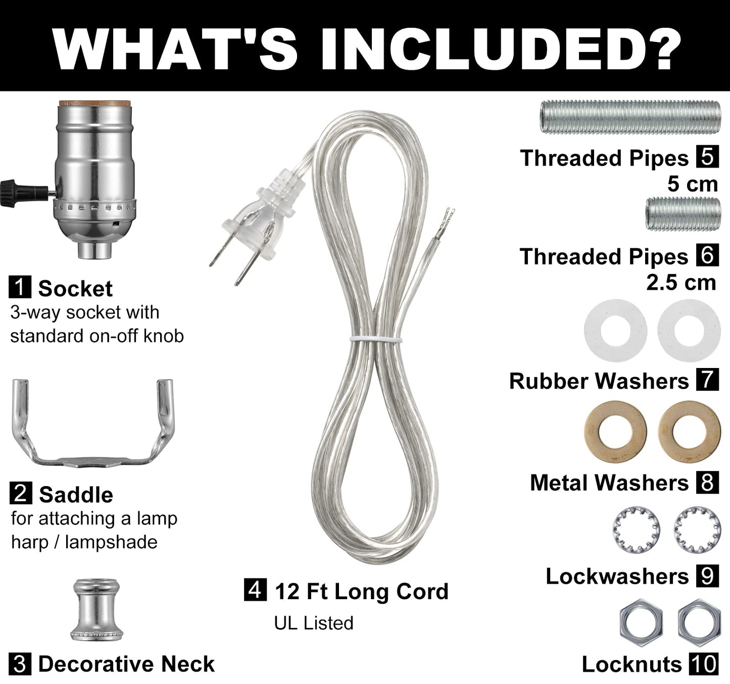 Lamp Kits for Do It Yourself, Lamp Rewire Kit with 3-Way Lamp Socket and Essential Hardware, 12 FT Lamp Cord Replacement, Lamp Repair Kit for Table Lamps, Lamp Wiring Kit, Lamp Parts (Silver)