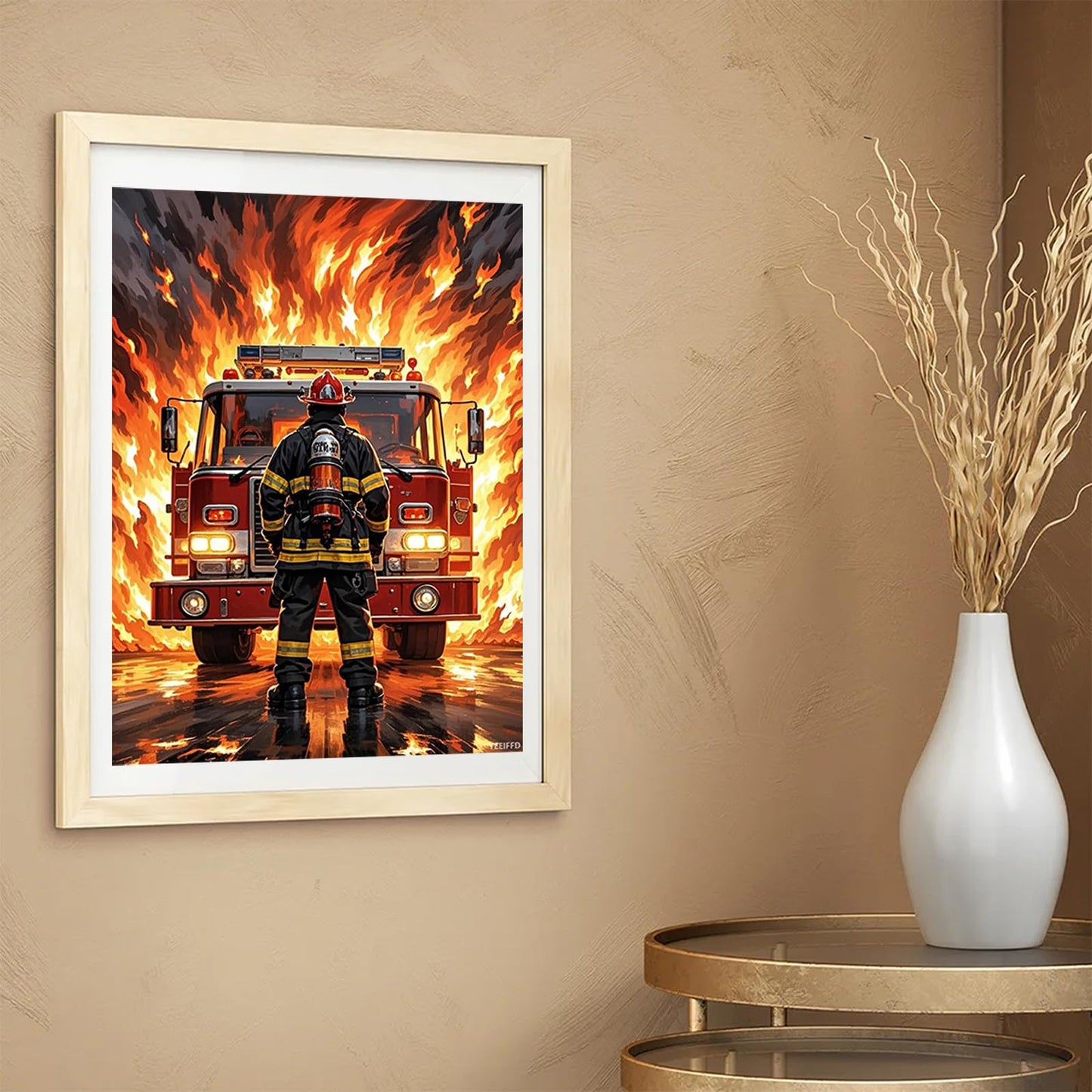 YEEIFFD Diamond Dots DIY Kits Firefighter Fire Engine Truck Stitch Diamond Art Painting 5D Full Round Drill Paint by Diamonds Gem Art for Beginners Living Room Bedroom Decor 12x16 inch