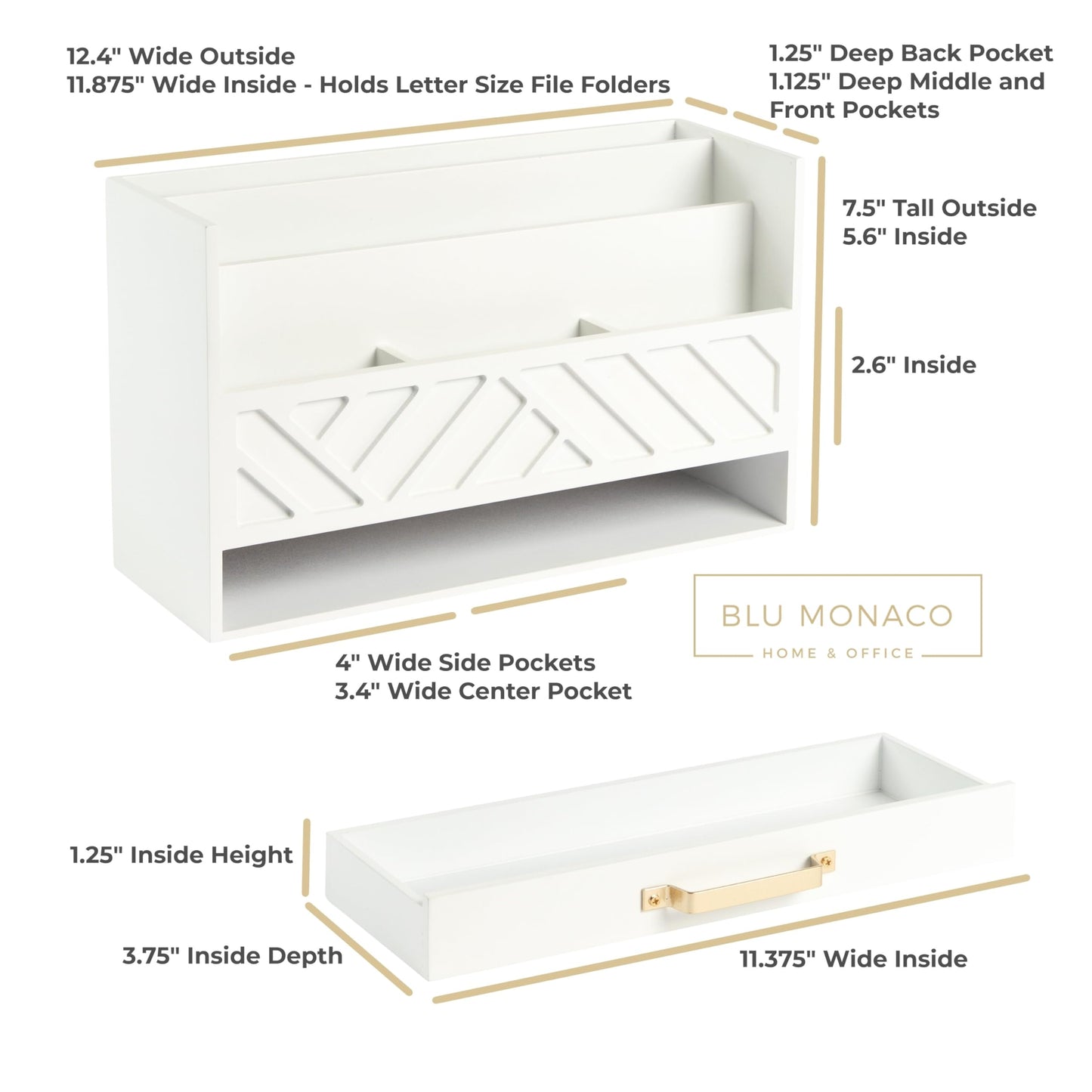 BLU MONACO | White Wooden Desk Organizer & Mail Organizer with Drawer & Gold Handle | Mail Sorter Countertop | 6 Compartments | White Desktop Organizer for Desk