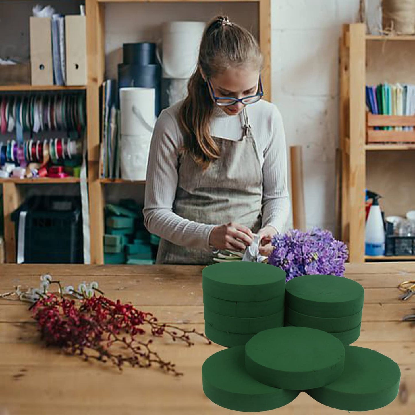 KIMOBER 10PCS 8" Large Round Floral Foam Bricks,Wet Green Foam Blocks for Flower Arrangement,Wedding Decoration