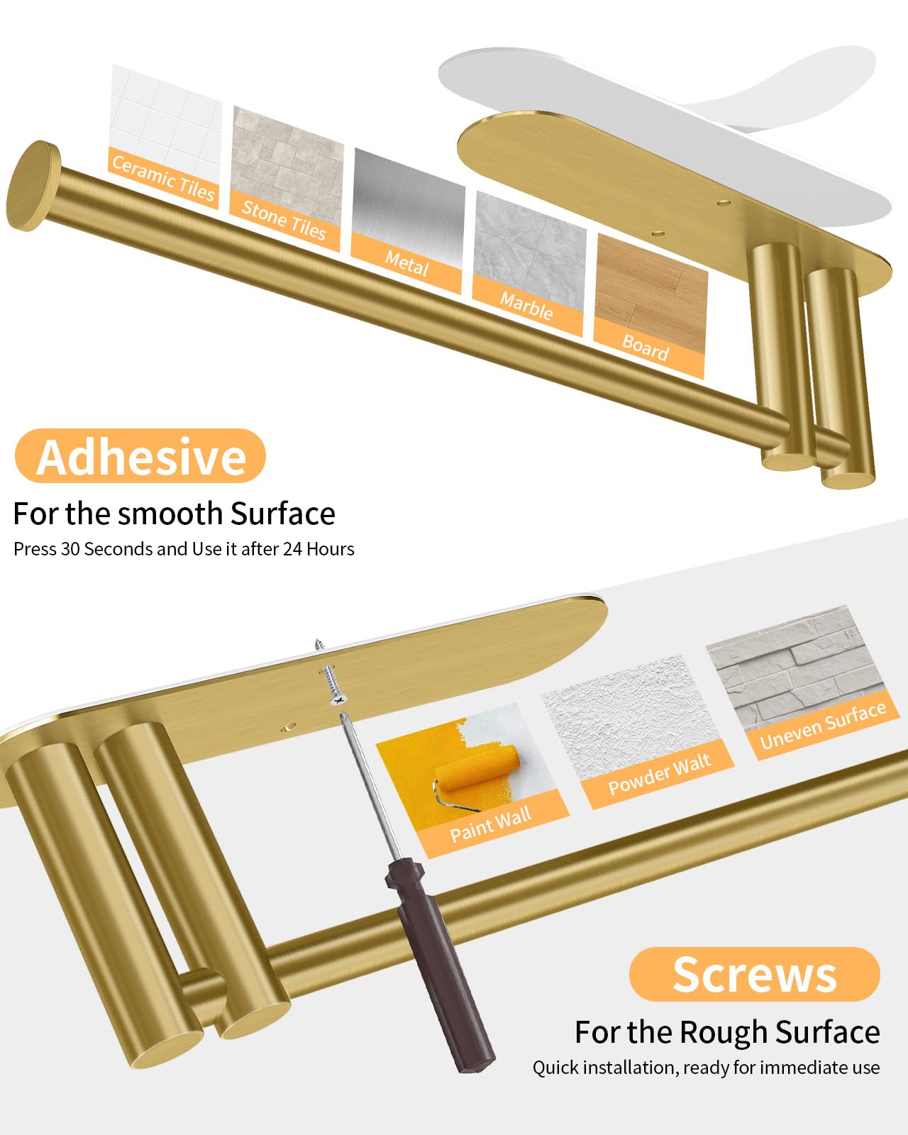 Paper Towel Holder Under Cabinet, 13Inch Self-Adhesive or Wall Paper Towel Holder for Kitchen, Bathroom, RV, Gold