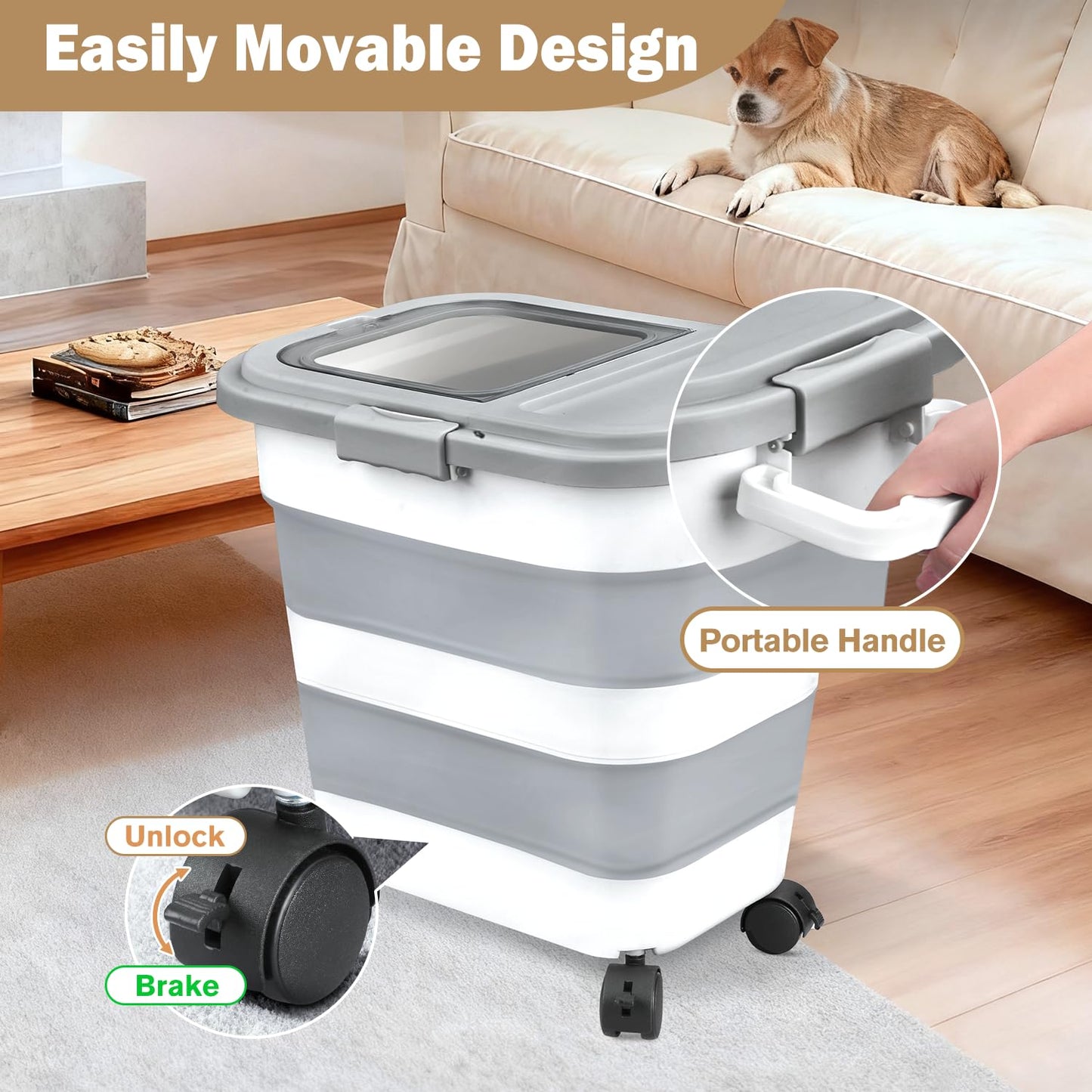 Komzon Rice Storage Container, Collapsible Airtight 10-40 Lb Rice Storage Container, 25lb Pet Dog Food Storage Container, Rice Dispenser Bin with Cup and Scoop for Flour Cereal Pasta Grain, Cat Bird