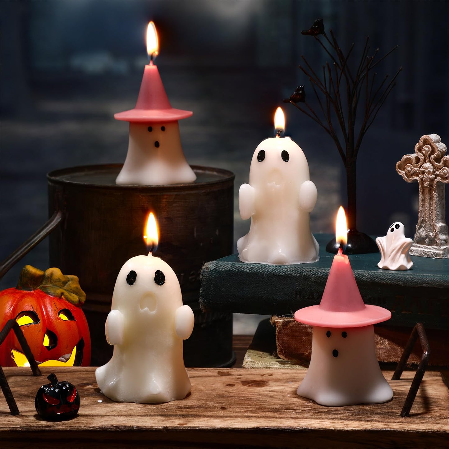Minatee 4 Pieces Halloween Ghost Candles Large Scented Spooky Cute Pink Witch Hat Candles Gifts for Halloween Party Boo Basket Stuffers Home Table Decor, 2 Style