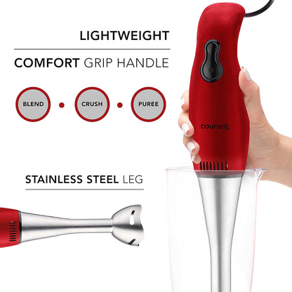 Courant 2-Speed Hand Blender - 200W Stainless Steel Leg, Easy to Clean, Red