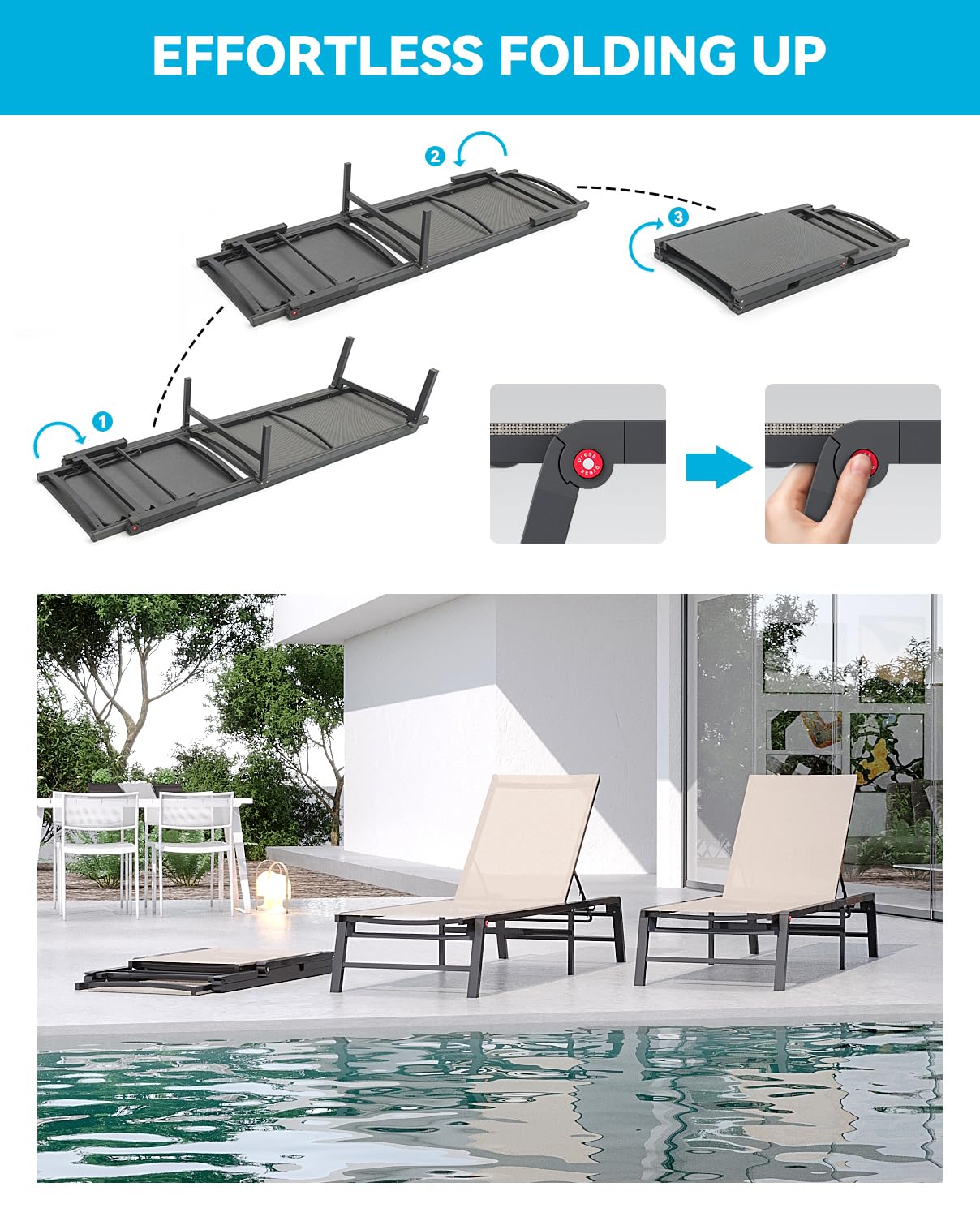Aluminum Chaise Lounge Chair Outdoor, Foldable Patio Lounge Chair 2 Sets Assemble-Free, Pool Lounge Chairs with 5 Adjustable Backrest, Outdoor Lounge Chairs for Outside Poolside Beach Lawn Beige