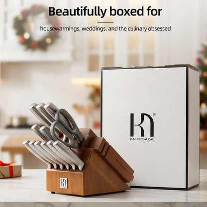KnifeSaga Kitchen Knife Set with Block and Detachable 2-Stage Sharpener | 14-Piece Premium High Carbon Stainless Steel Knives with Ergonomic Anti-Slip Handle, Rubberwood Knife Block