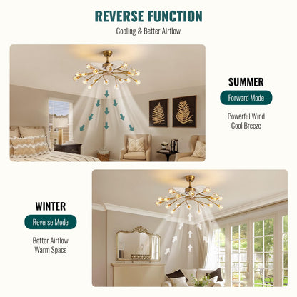 Siljoy 18 Lights Modern Crystal Ceiling Fan Light and Remote Control, Farmhouse Brass Gold Sputnik Crystal Fandelier, Reversible Ceiling Fan Light Kit for Living Dining Room Bedroom 42 Inches