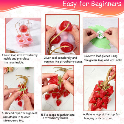 Strawberry Silicone Soap Mold DIY Soap Making Set Include 2 Pcs 8 Cavity 3D Strawberry Silicone Mold,3 Leaf Molds,Twine,Molds Handmade Soap Supplies for Crafts, Gifts & Beginners Soap Making