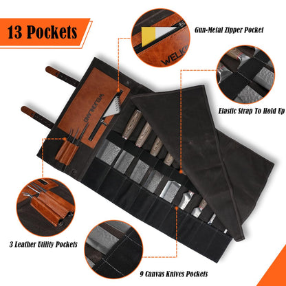 WELKINLAND 13-Pocket Knife Roll, Waxed-Canvas Leather Knife Roll Bag, Heavy-Duty Chef Knife Roll Bag, WaterProof Knife Wrap Roll, Portable Chef Knife Roll Up, Chef Knife Bags And Rolls