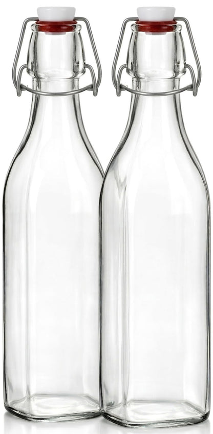 Clear SQUARE Swing Top Glass Bottles With Lids - 33.75 Oz - Airtight Flip Top Glass Water Bottles Great For Oil And Vinegar, Beverages, Juices, Smoothies - (2 Pack) (Not For Carbonated Beverages)