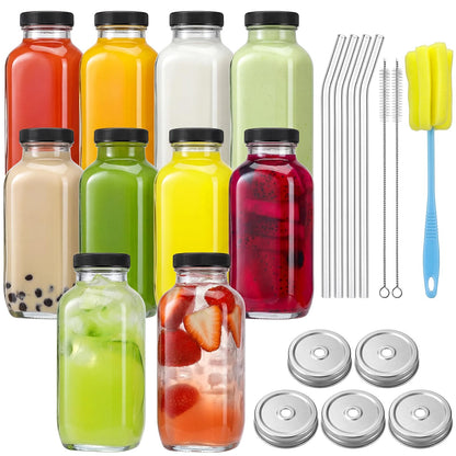 CUCUMI 10pcs 16oz Glass Juice Bottles with Lids, Reusable Juice Containers Drinking Jars Water Cups with Brush, Glass Straws, Lids with Hole